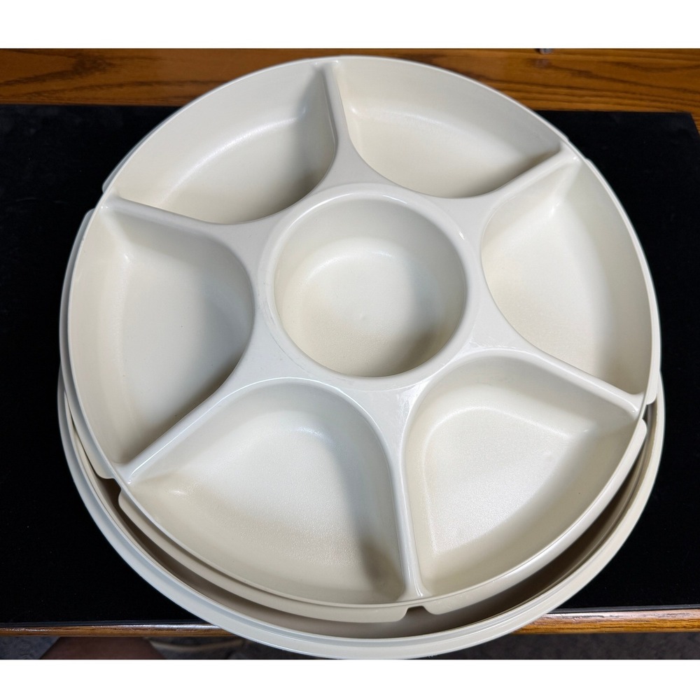 Vintage Tupperware Serving Tray: Almond Off White, 7 Compartment Dip Platter
